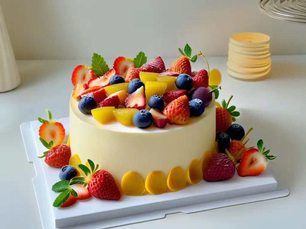 Un elegante arreglo de frutas deshidratadas premium para repostería en un entorno chic y minimalista