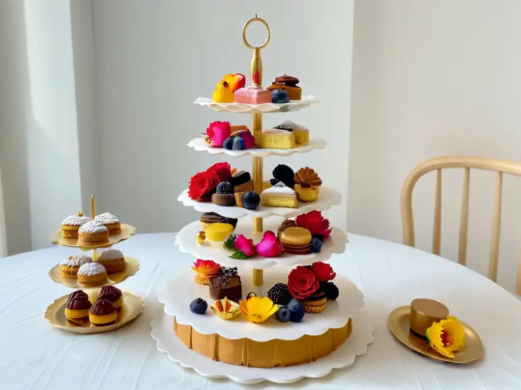 Un elegante arreglo de postres para tarde de té con decoración exquisita en un entorno refinado y sofisticado