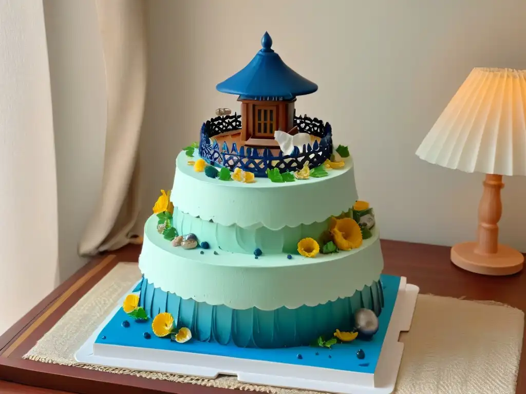 Una elegante base para pasteles inspirada en el icónico baño de 'El viaje de Chihiro' de Studio Ghibli, con detalles intrincados y colores pasteles