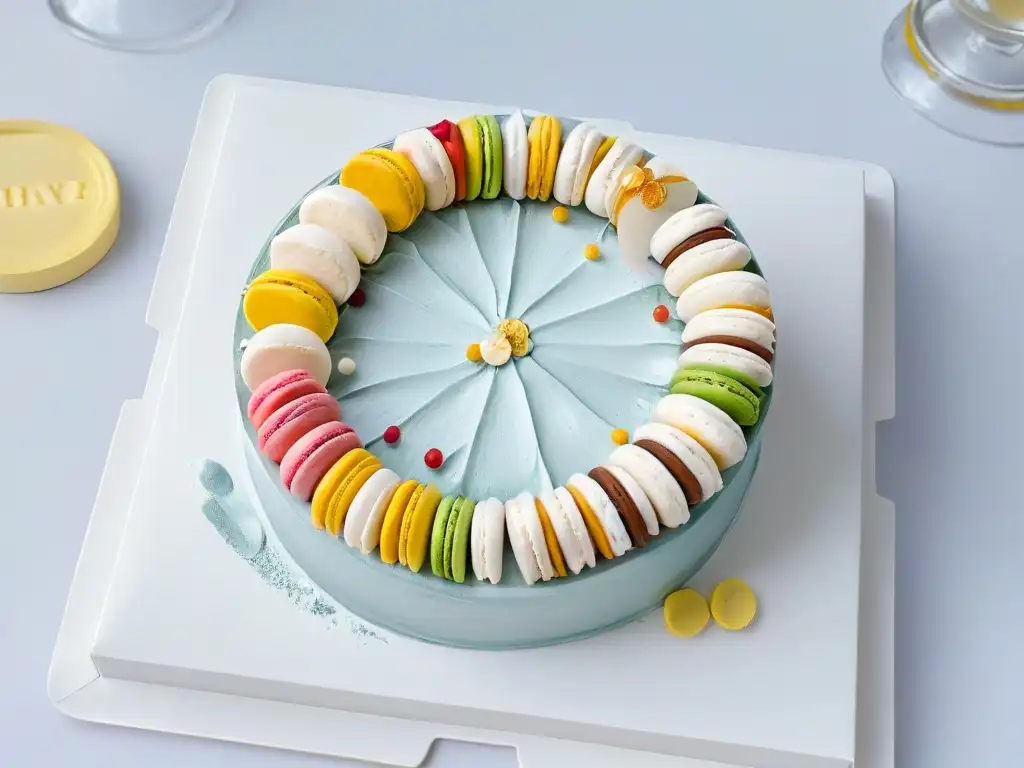 Un elegante birrete de graduación decorado con macarons coloridos, ideal para postres para graduaciones inolvidables