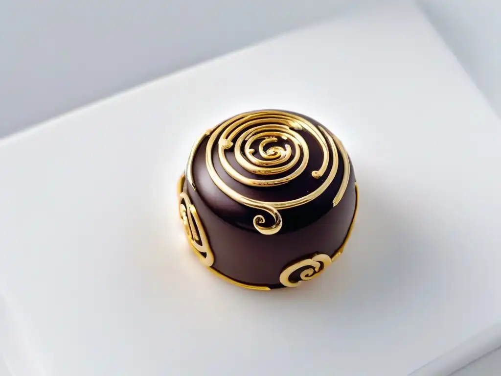 Elegante bombón de chocolate belga con detalles dorados, destacando su calidad