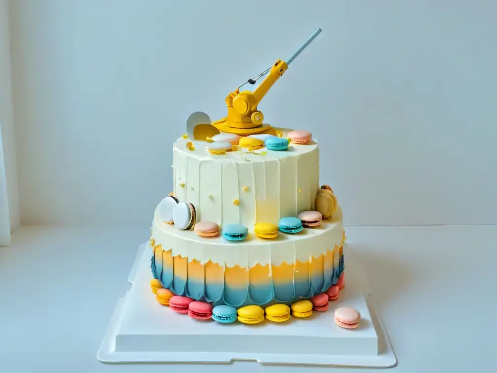 Un elegante brazo robótico futurista decorando un pastel de bodas en una cocina minimalista, rodeado de macarons coloridos