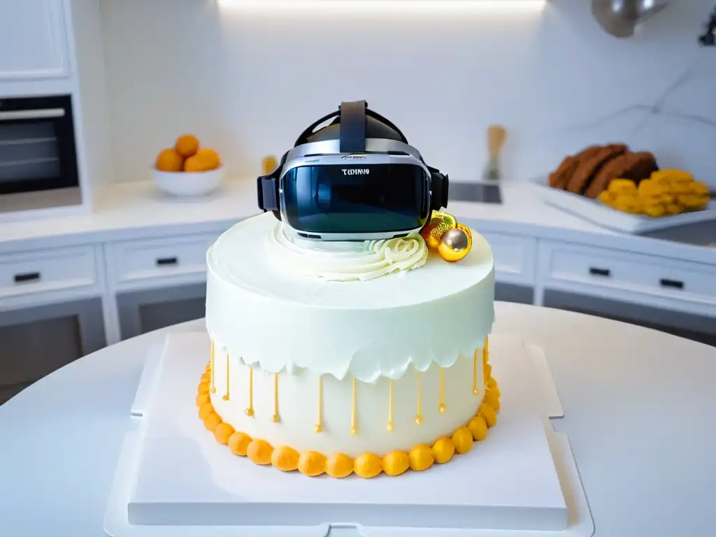 Un elegante casco de realidad virtual en una escena futurista de repostería