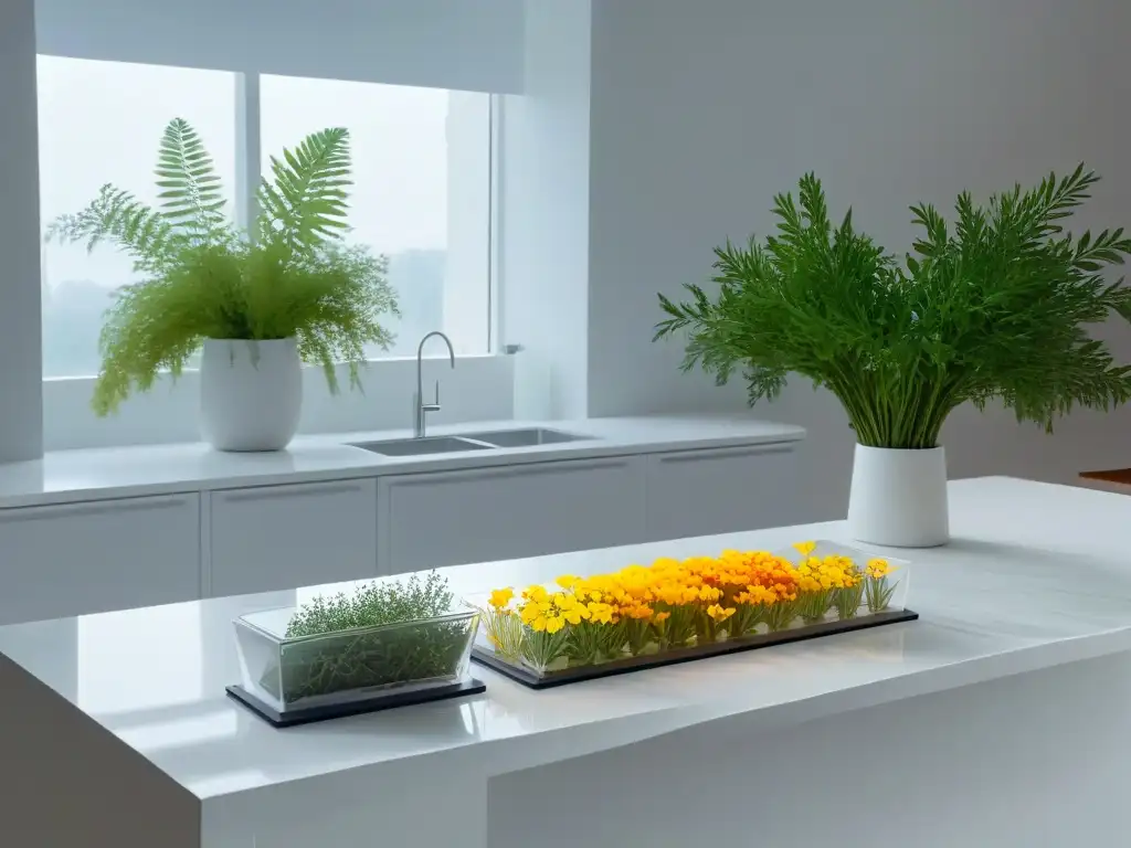 Encantador contraste: Flores comestibles en cocina minimalista Elegante cocina con aceites esenciales comestibles para repostería y flores delicadas en vial