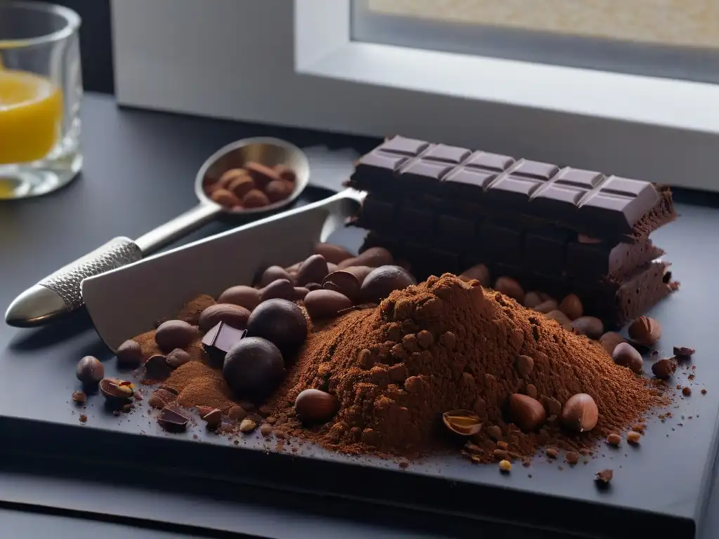 Una elegante cocina con barras de chocolate artesanal y cacao, perfecta para eBooks para aprender repostería chocolate