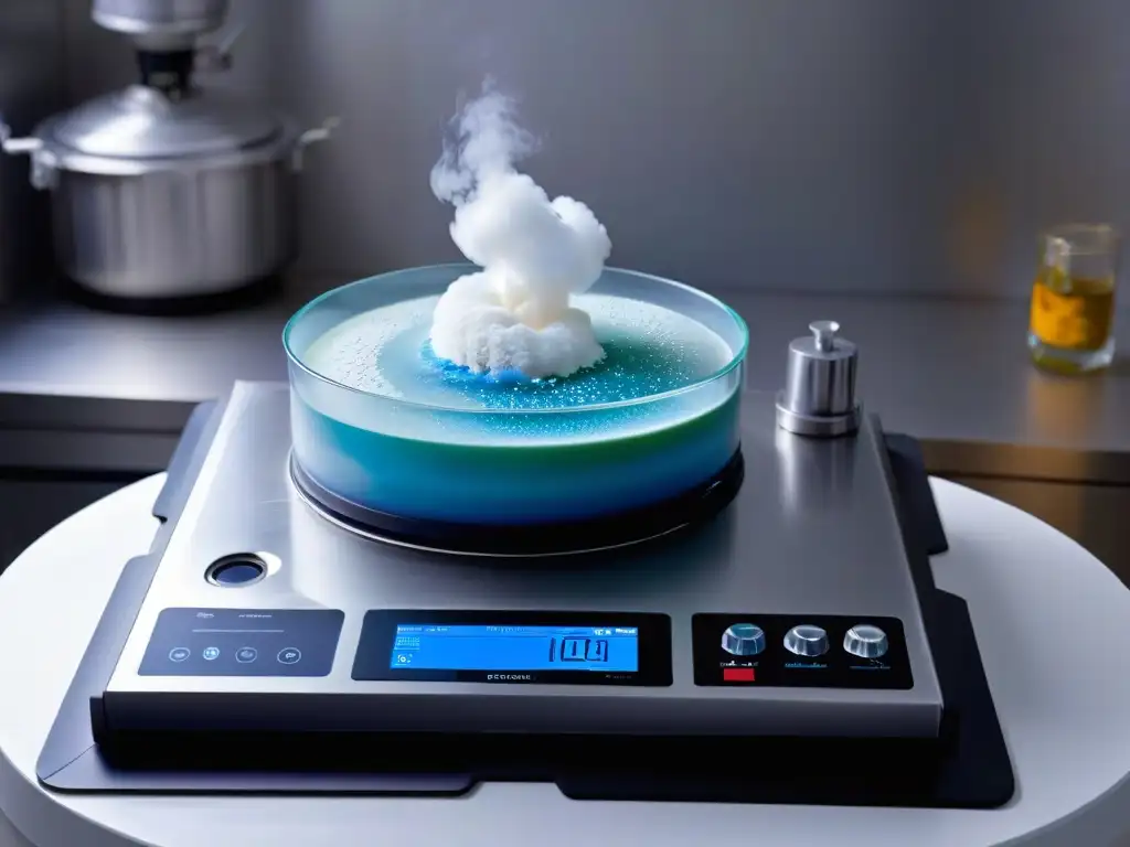 Elegante cocina con herramientas de gastronomía molecular, niebla de nitrógeno y luz suave