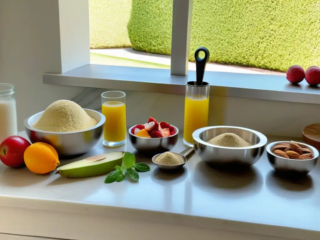 Una elegante cocina con ingredientes sin gluten, utensilios de acero inoxidable y luz natural
