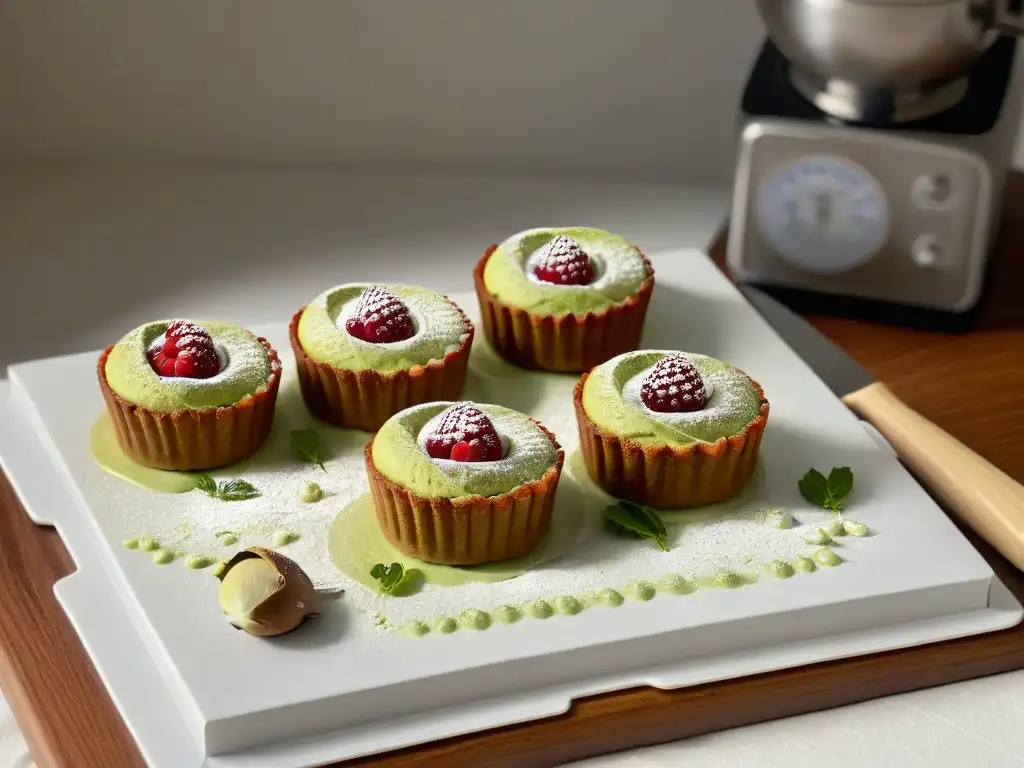 Elegante cocina minimalista con utensilios de acero inoxidable para receta financiers pistacho frambuesa paso a paso