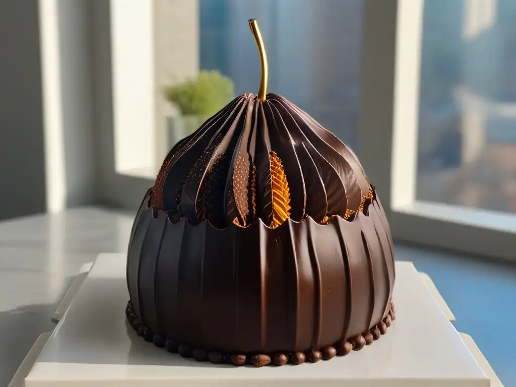 Un elegante rincón de cocina moderna con escultura de chocolate en forma de cacao