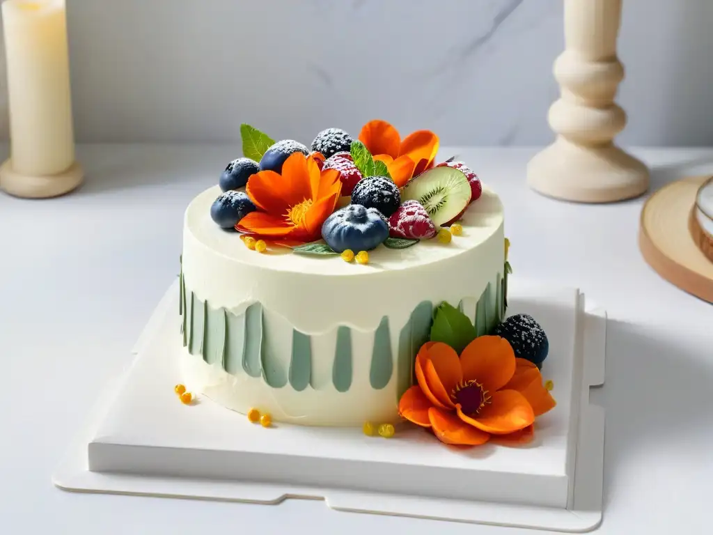 Una elegante cocina moderna con una tarta vegana decorada con flores comestibles y detalles sofisticados