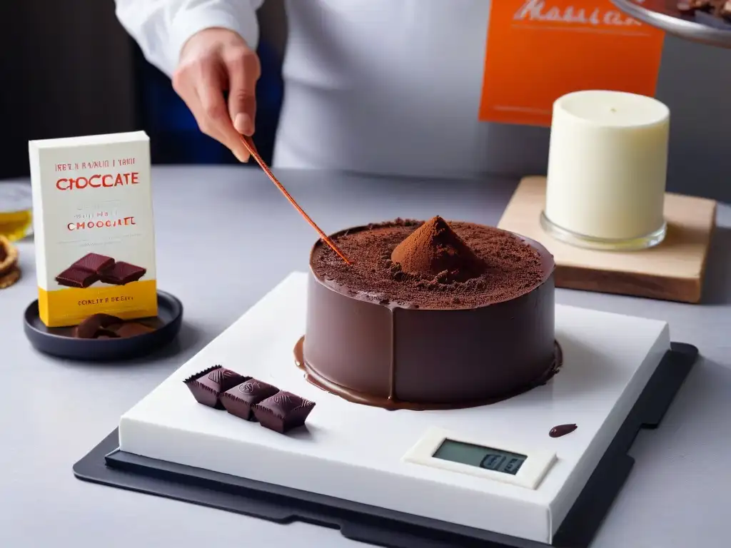 Elegante cocina para repostería chocolate: moldes, báscula, mármol, batidor y libros de aprendizaje