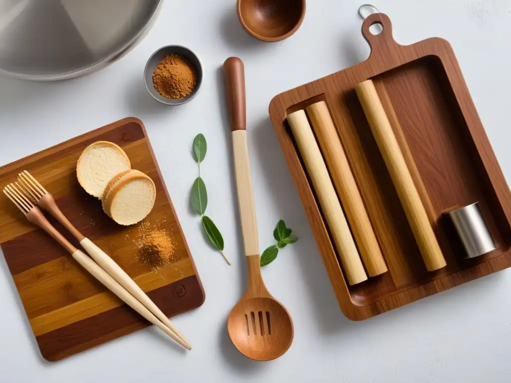 Utensilios de cocina ecológicos: diseño minimalista en bambú Elegante cocina con utensilios repostería vegana eco-friendly en tonos tierra, resaltando texturas y artesanía