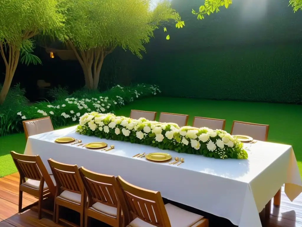 Un elegante comedor en un jardín exuberante, con vajilla refinada, flores frescas y luces brillantes