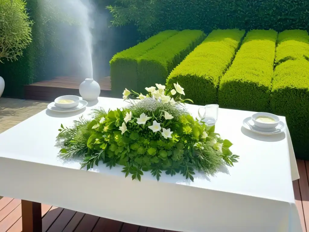 Un elegante comedor en un jardín sereno, con vajilla blanca, flores frescas y hierbas culinarias