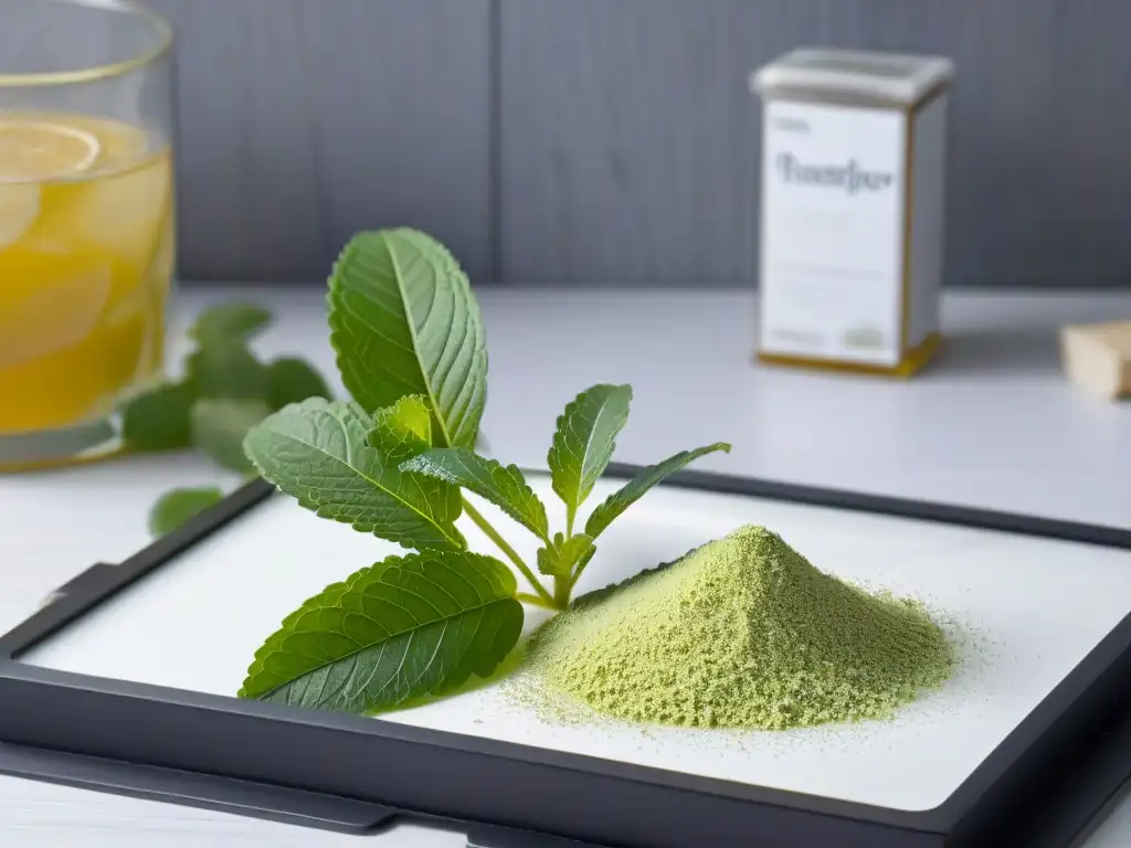 Delicados edulcorantes naturales para diabéticos: stevia, monk fruit y eritritol Una elegante composición de endulzantes naturales para diabéticos seguros, destacando sus colores y texturas en una cocina moderna