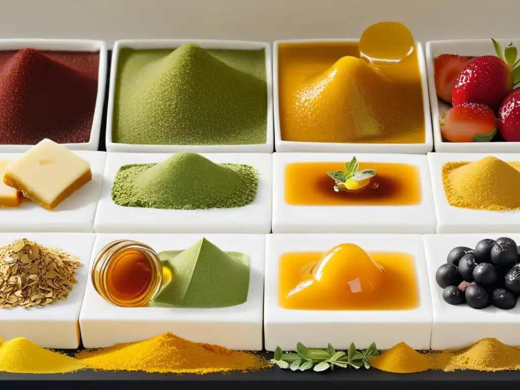 Una elegante composición de endulzantes naturales como miel, jarabe de arce y stevia