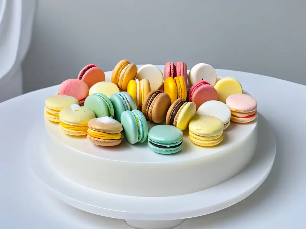 Una elegante composición de macarons coloridos sobre una encimera de mármol blanco, ideal para chefs principiantes en repostería