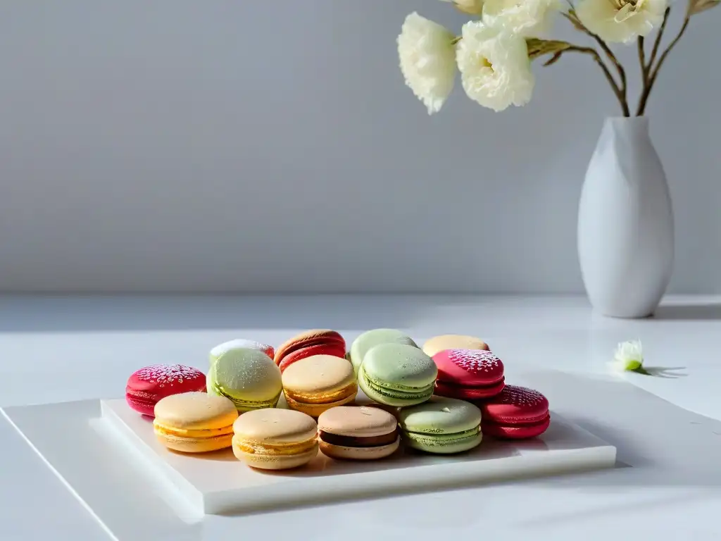 Una elegante composición de macarons gourmet en una encimera de mármol blanco, con flores frescas y una cuchara de plata, iluminada por luz natural