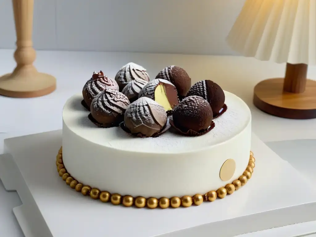 Una elegante composición de trufas de chocolate adornadas con hojas de oro en un impecable mostrador de mármol blanco