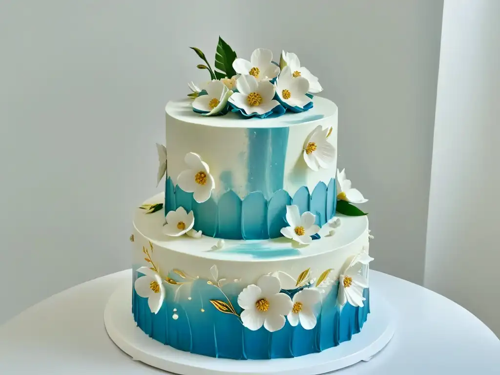 Un elegante y detallado pastel de bodas de tres pisos con flores blancas y detalles de hojas doradas, sobre fondo blanco