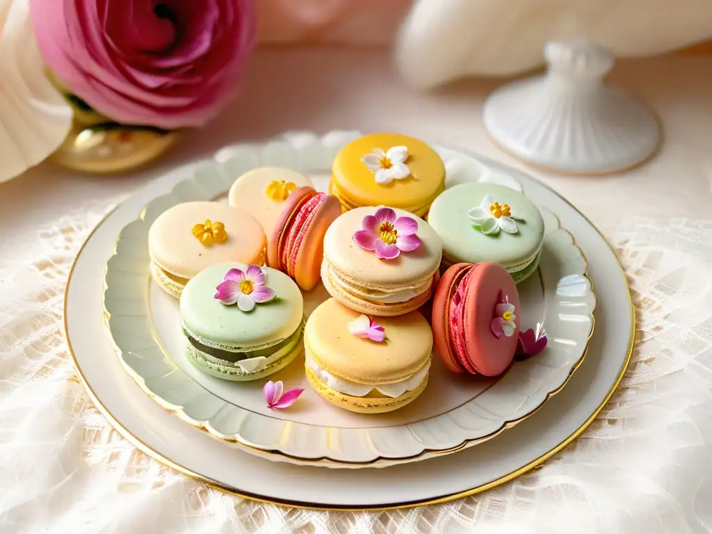 Un elegante macaron con detalles florales sobre porcelana vintage, evocando postres de Bridgerton para té