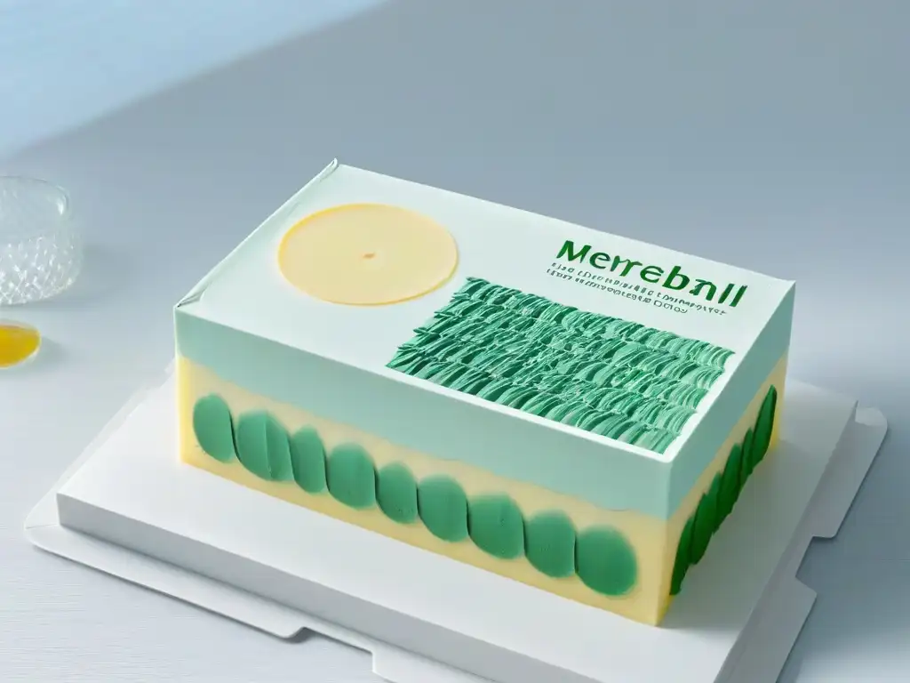 Diseño packaging postre: elegancia y minimalismo Un elegante empaque temático para postres con patrones geométricos vibrantes y tipografía elegante en un fondo blanco