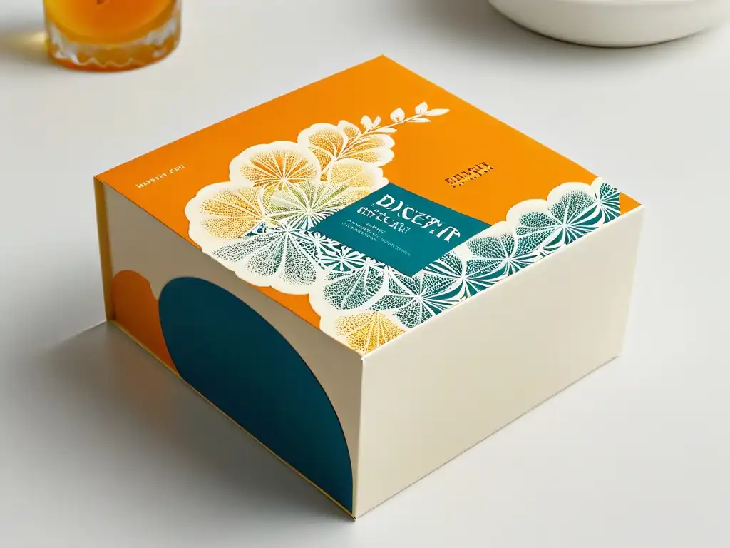 Diseño de postre elegante y minimalista Un elegante empaquetado temático de postres merchandising con detalles intrincados y colores vibrantes sobre fondo blanco