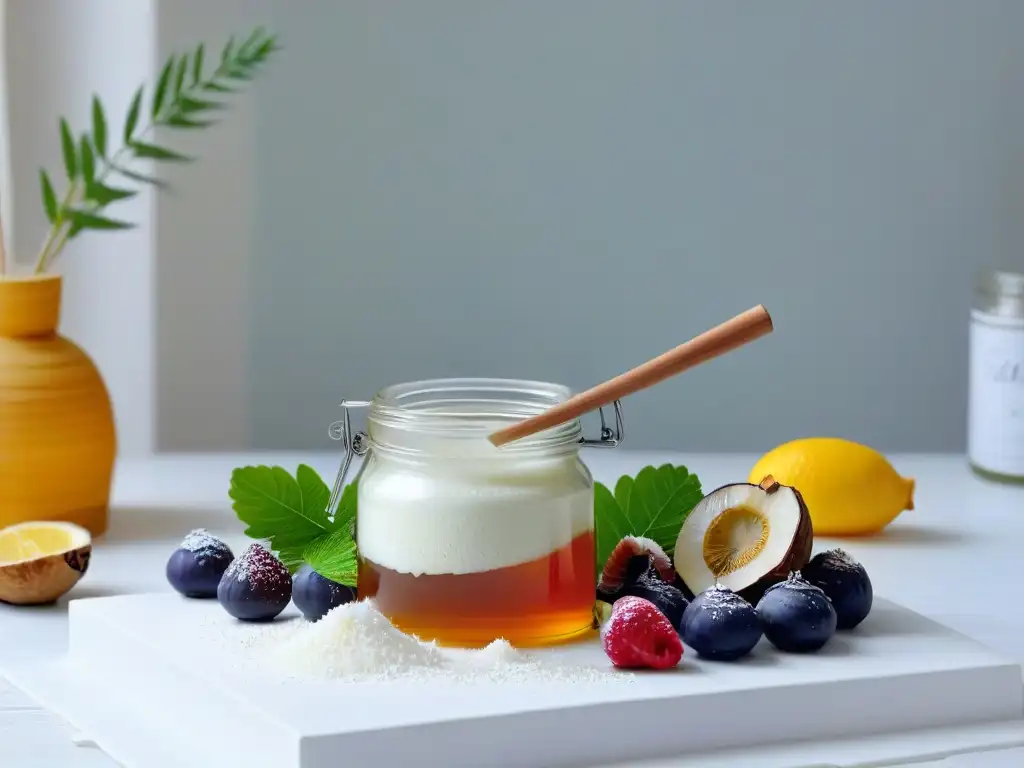 Una elegante encimera de mármol blanco con endulzantes naturales para postres saludables, frutas y hojas de stevia fresca