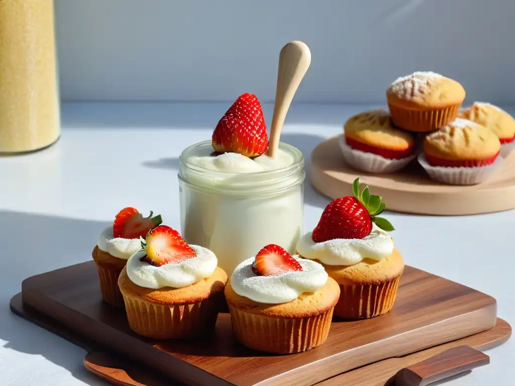 Elegante encimera de cocina de mármol blanco con xilitol, muffins sin azúcar y fresas, beneficios del xilitol en repostería