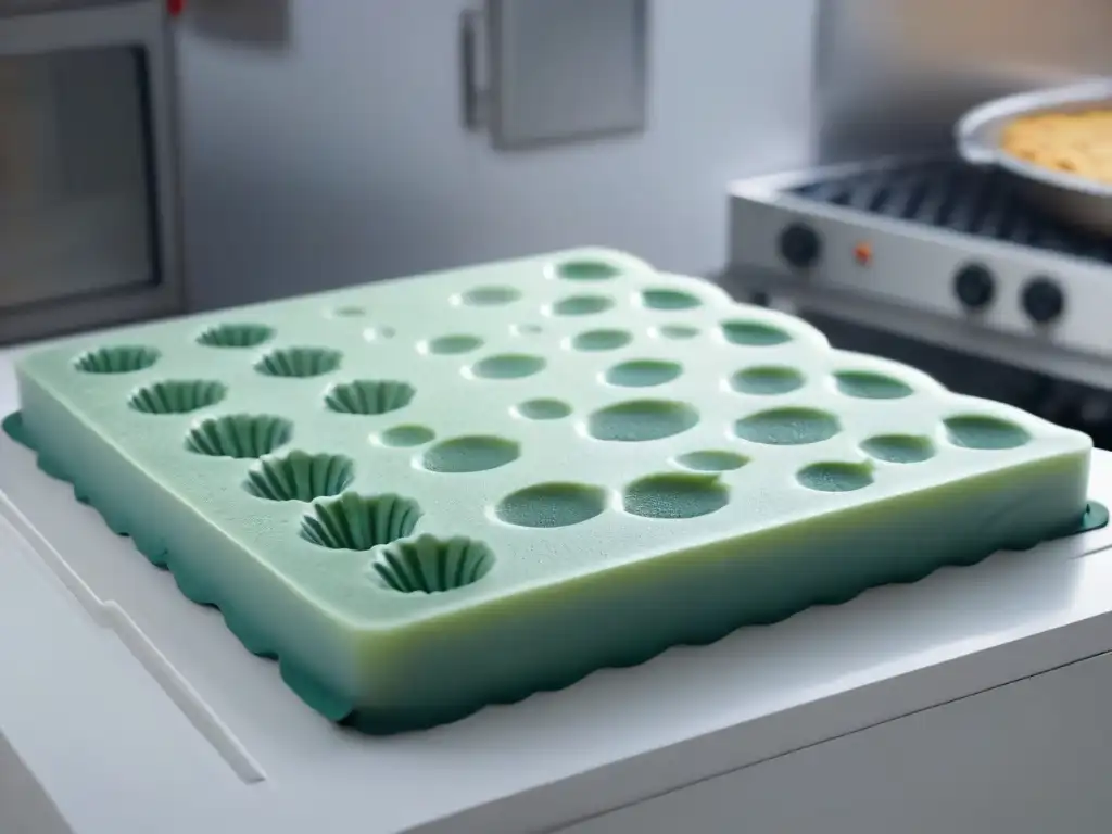 Una elegante encimera de cocina con moldes de silicona para repostería de alta gama organizados y brillando