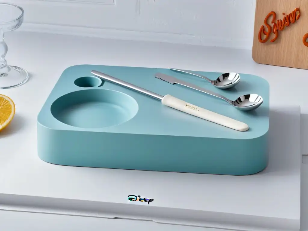 Utensilios de repostería Disney en cocina minimalista de alta calidad Elegante encimera de cocina con utensilios repostería Disney originales, iluminación suave y diseño único