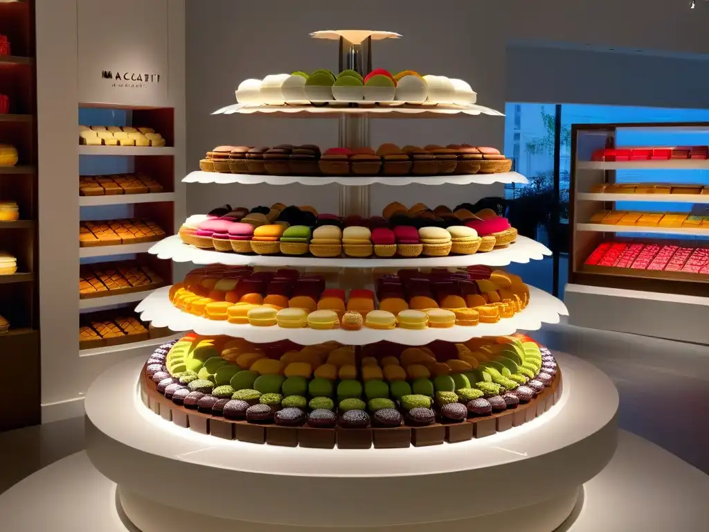 Un elegante escaparate de postres como merchandising cultural en una pastelería moderna y minimalista, iluminada con suavidad