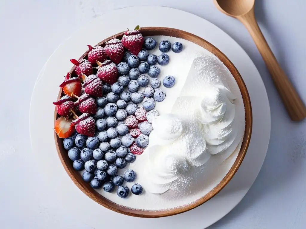 Una elegante escena de mármol blanco con frutas frescas y utensilios para elaborar fondant sin gluten casero