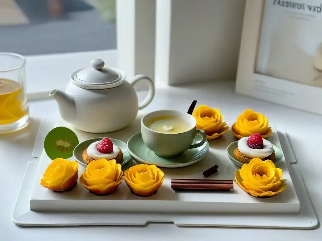 Una elegante escena de té blanco y postres coloridos en una mesa de madera iluminada naturalmente