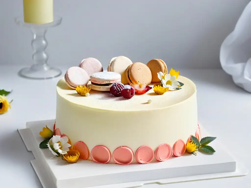 Una elegante escena de repostería con un exquisito pastel, macarons y flores, ideal para el marketing digital para pastelerías