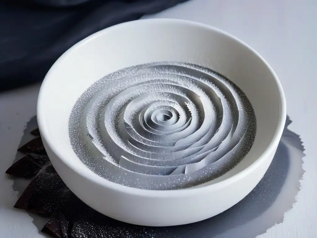 Una elegante espiral de cristales blancos de azúcar de abedul, resplandeciendo bajo luz natural, sobre un fondo negro