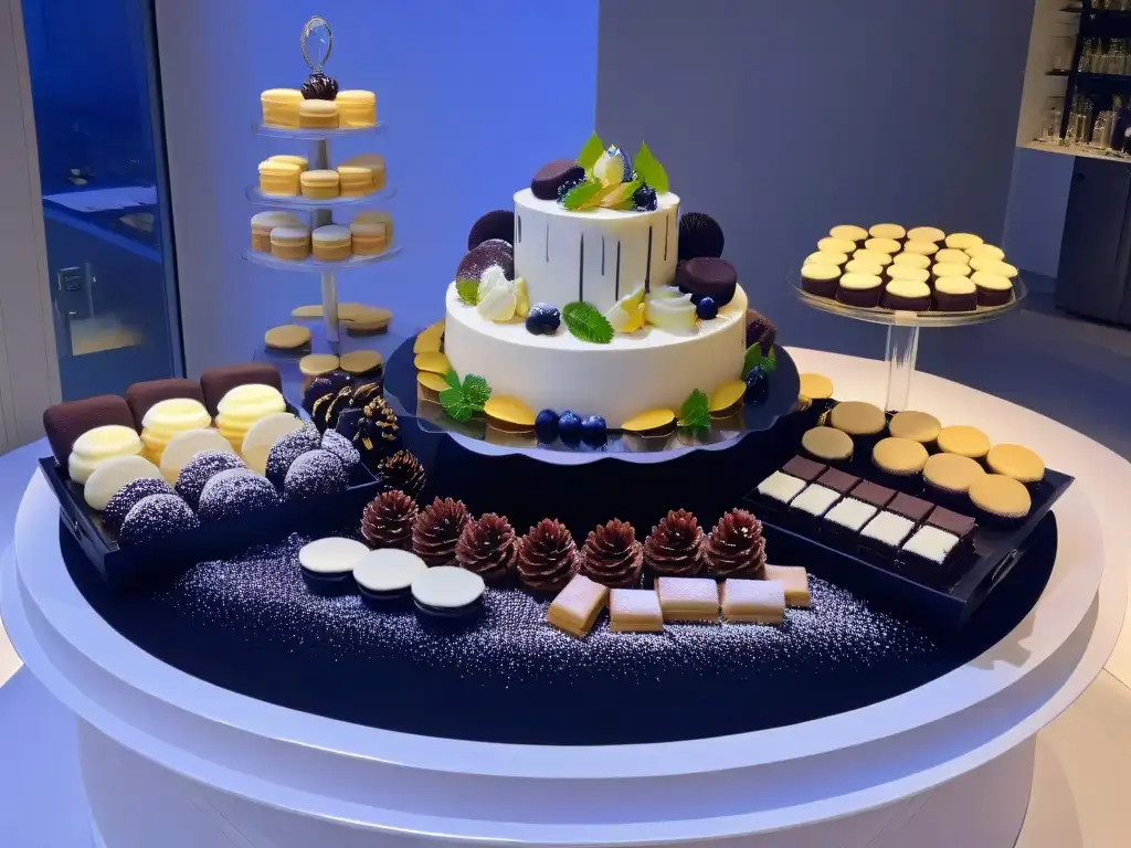 Una elegante estación de postres en evento corporativo con esquema blanco y negro, luces suaves y postres decadentes