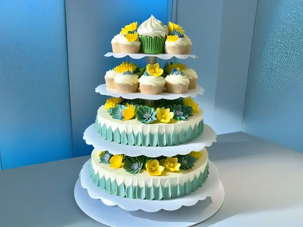 Una elegante exhibición de cupcakes para bodas creativos, decorados con diseños florales en tonos suaves sobre un soporte moderno