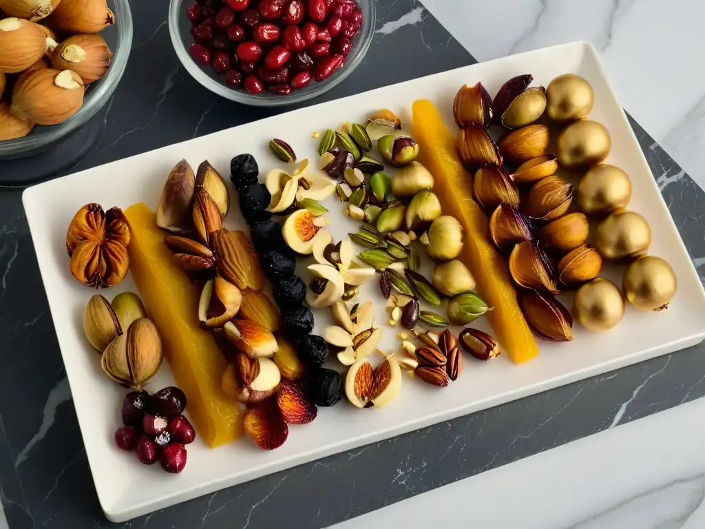 Una elegante exhibición de frutos secos de lujo y frutas deshidratadas sobre mármol, ideal para repostería exclusiva