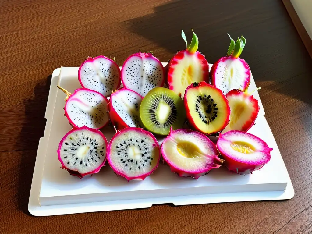 Una elegante exhibición de ingredientes sorpresa para postres gourmet: exóticas frutas cortadas y coloridas en un elegante mostrador de mármol blanco