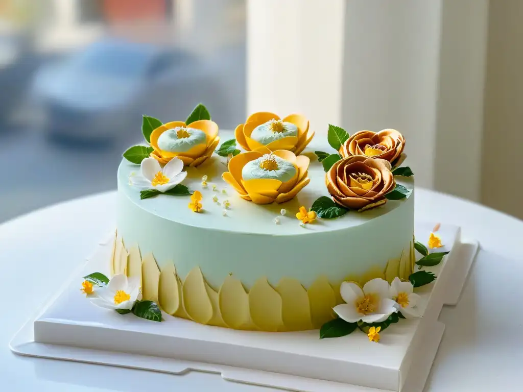 Una elegante exhibición de postres modernos en un mostrador de cocina blanco, decorados con flores comestibles y detalles en hoja de oro