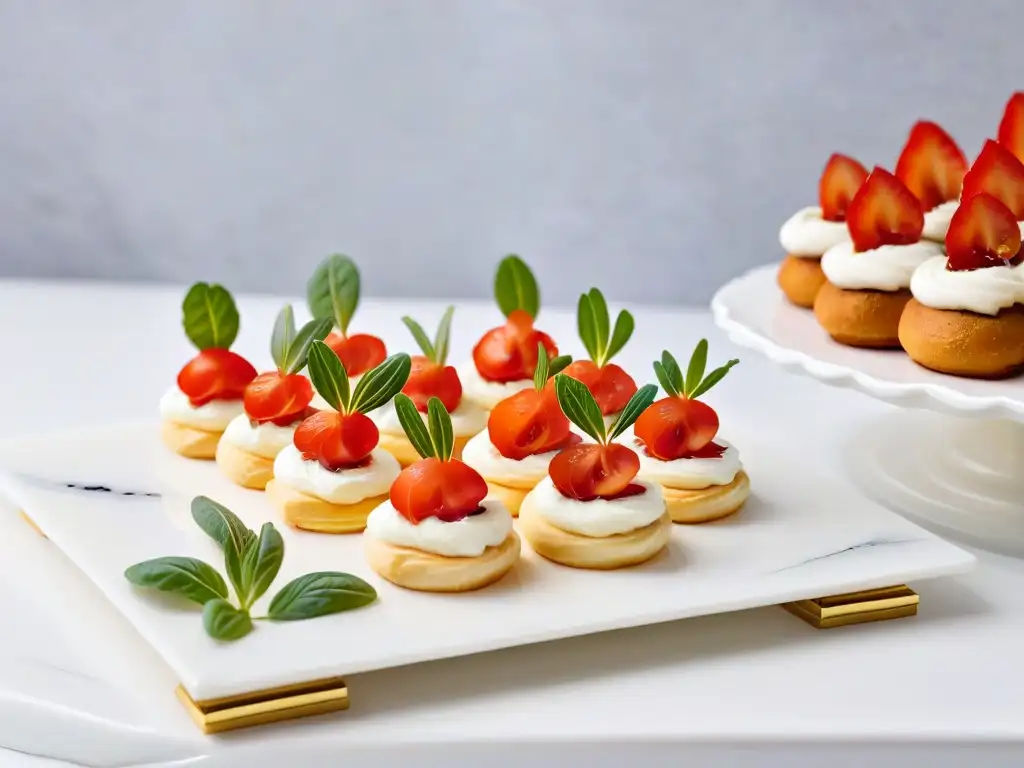 Una elegante exhibición de postres salados para bodas, con canapés de salmón, profiteroles de queso y brochetas caprese en un plato de mármol