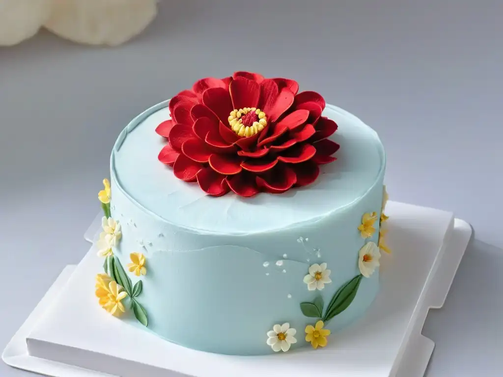 Elegante flor fondant sobre pastel blanco, ejemplifica estrategias Instagram pasteleros visibilidad