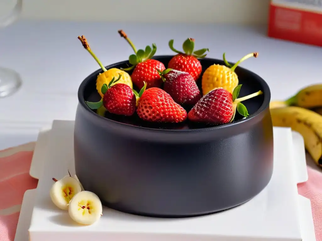 Una elegante fondue de chocolate perfecta en una mesa minimalista con fresas, plátanos y malvaviscos frescos