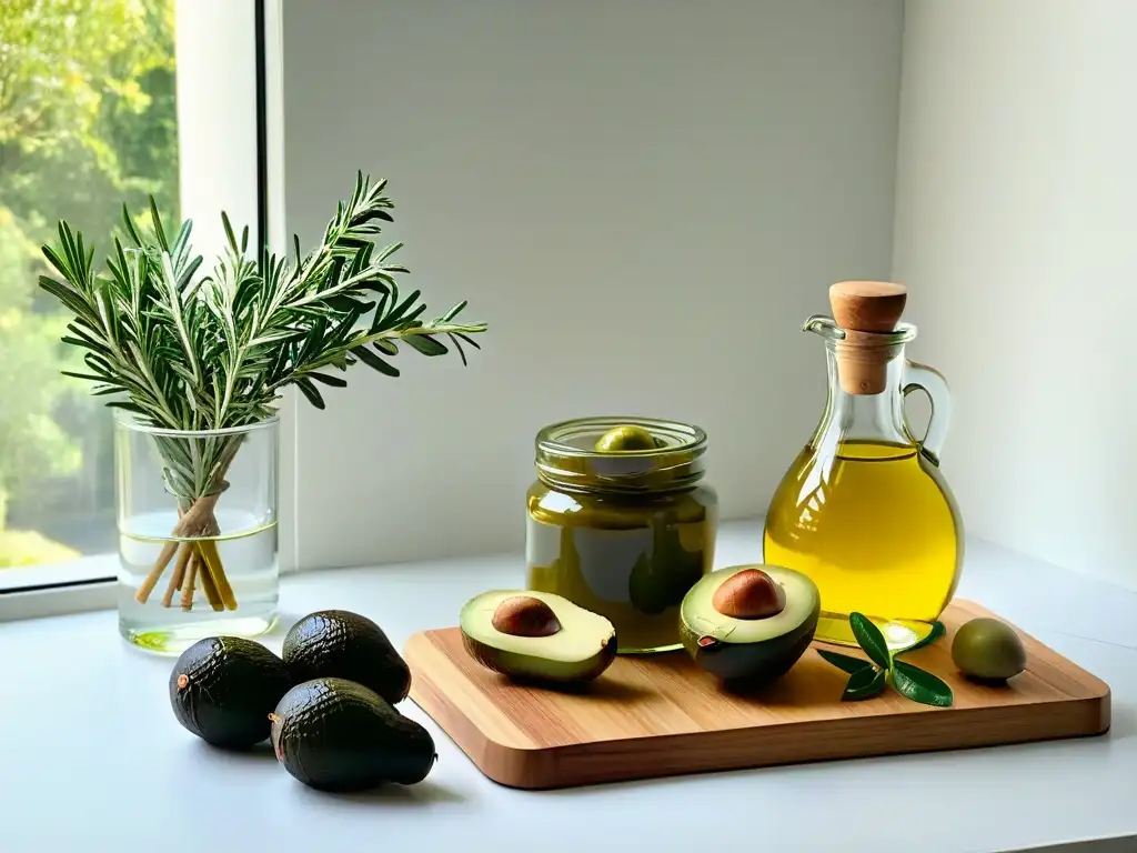 Una elegante y fresca cocina blanca con aceite de oliva, aguacates, aceitunas y romero