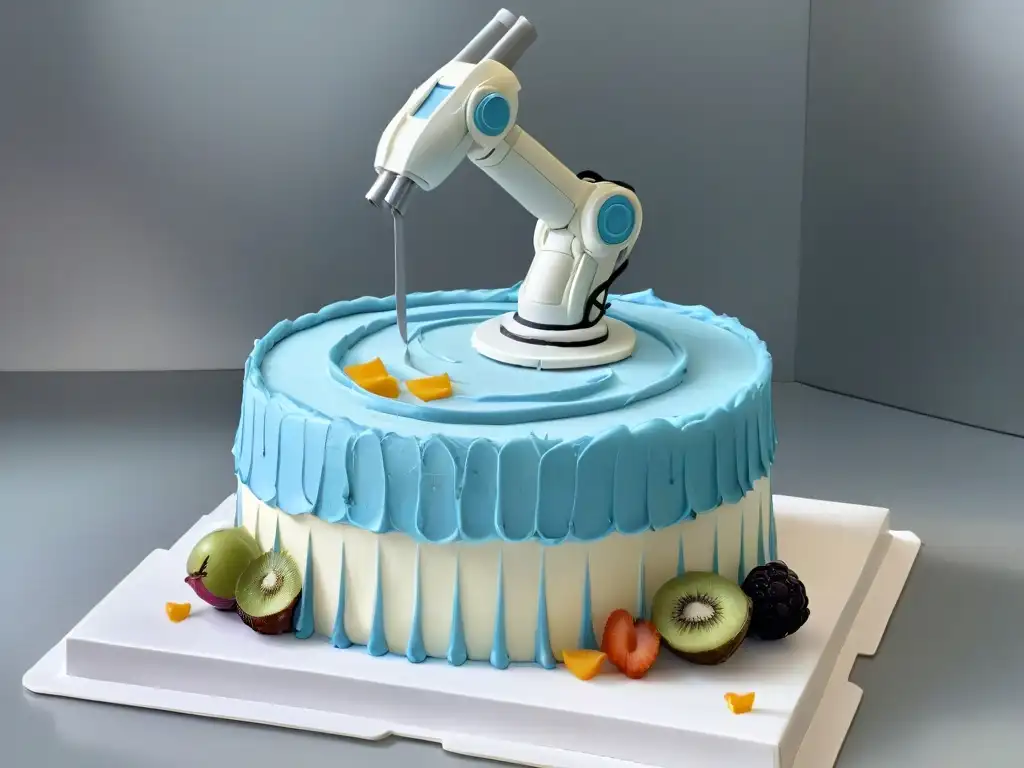 Una elegante fusión de tecnología y repostería: brazo robótico decorando un pastel con precisión