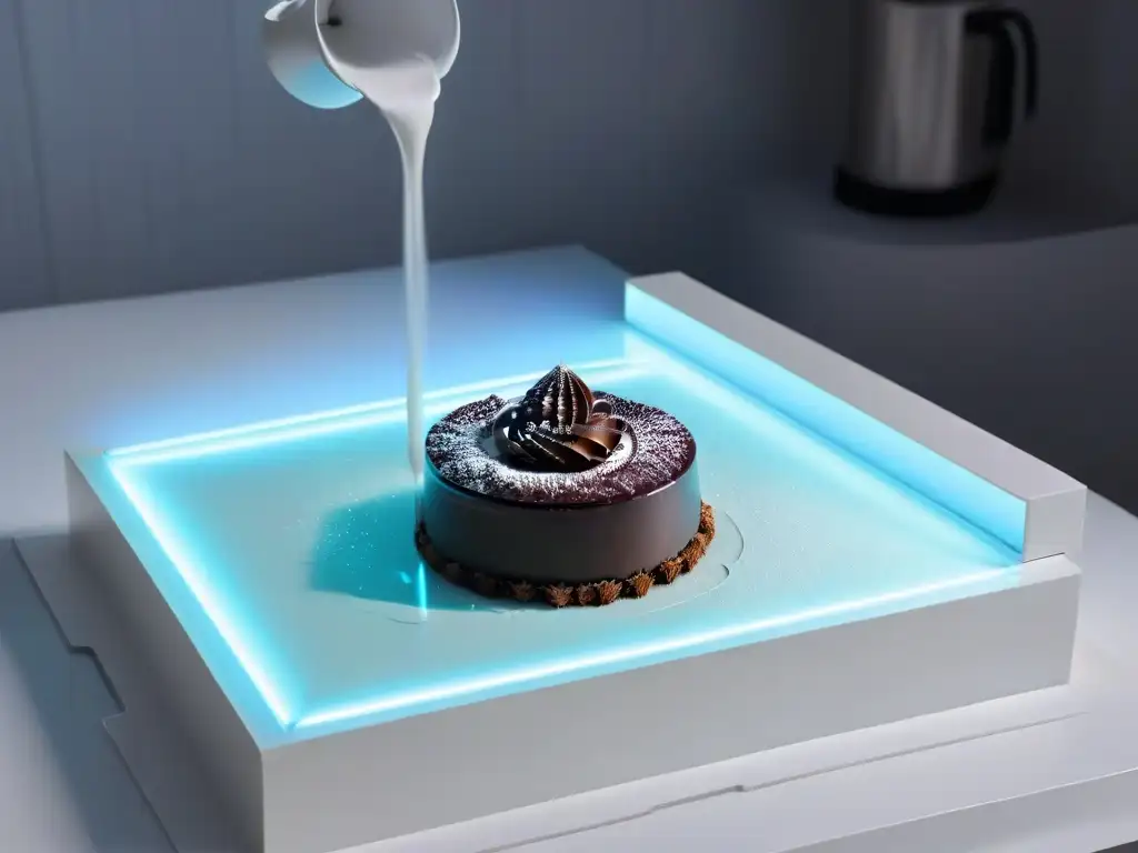 Un elegante y futurista mostrador de cocina blanco con una interfaz holográfica, guiando en la creación de postres