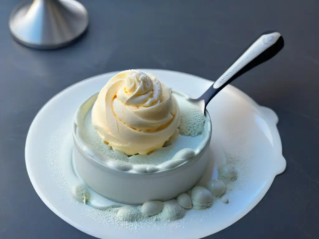 Un elegante helado de turrón casero sobre un elegante dispensador plateado, en una cocina minimalista