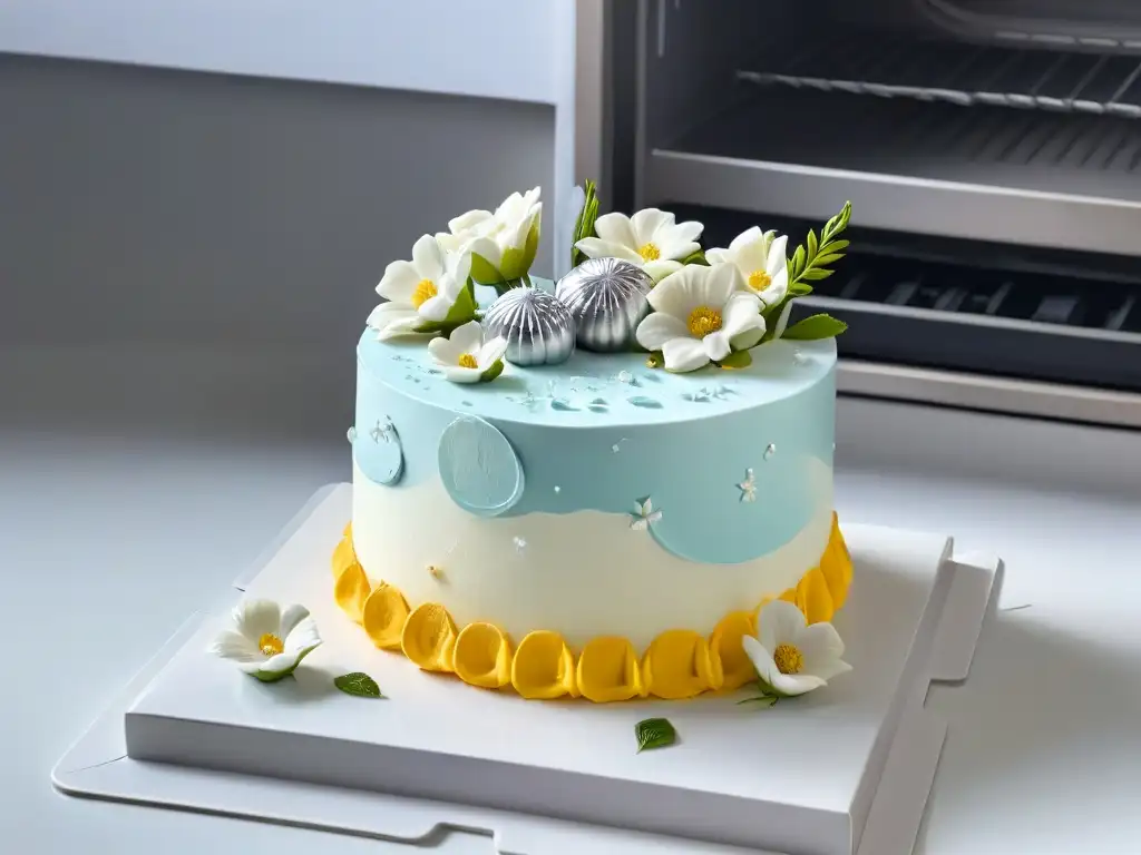 Realidad aumentada: Decoración de pasteles en 8k Un elegante interfaz de realidad aumentada muestra técnicas de repostería avanzadas en una cocina moderna y futurista