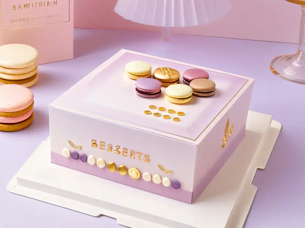 Un elegante libro de cocina con diseño moderno y minimalista, destacando postres sin gluten como macarons y cupcakes en relieve dorado